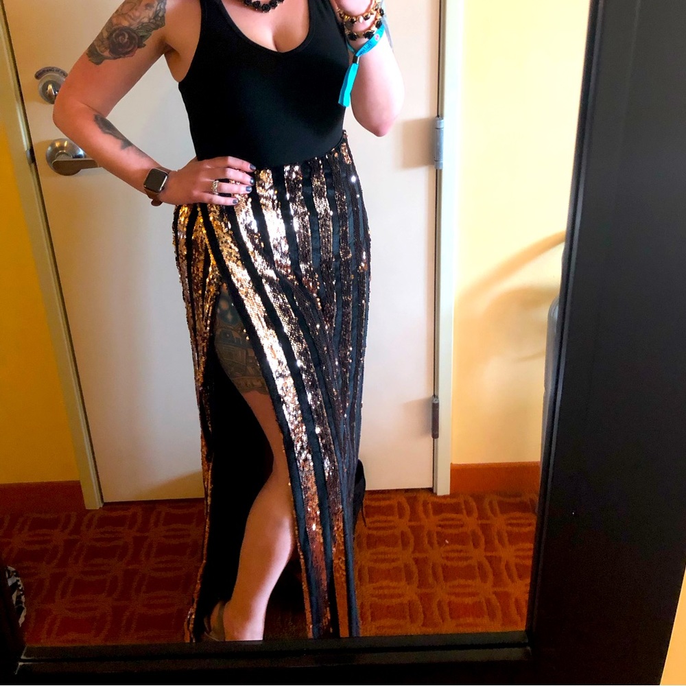 Gold Sequin and Black velvet Maxi skirt with slit